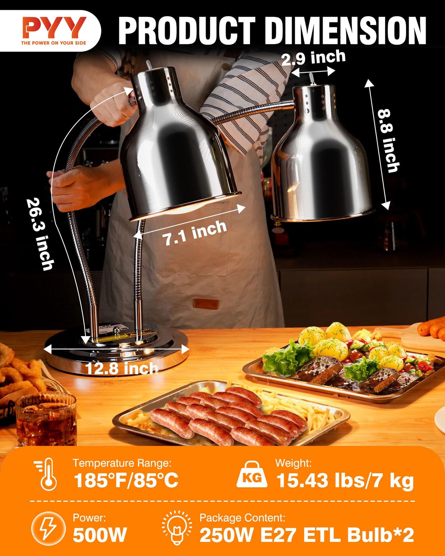 PYY Commercial Food Warmer - 2-Head Electric Heating Lamp 500W Stainless Steel Food Warmer Lamp Catering Food Warming Lamp w/Spare Bulb for Catering Kitchen Food Service Restaurant Cafeteria