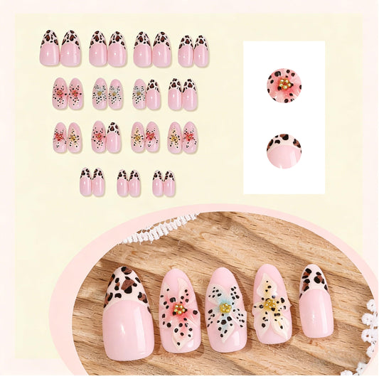 30Pcs 3D Pink Flower Press on Nails Almond Medium Leopard Print French Tip Fake Nails with Hawaiian Floral Gold Bead Designs Glossy Finish Reusable False Nails Glue Tabs Nail for Women DIY Manicure