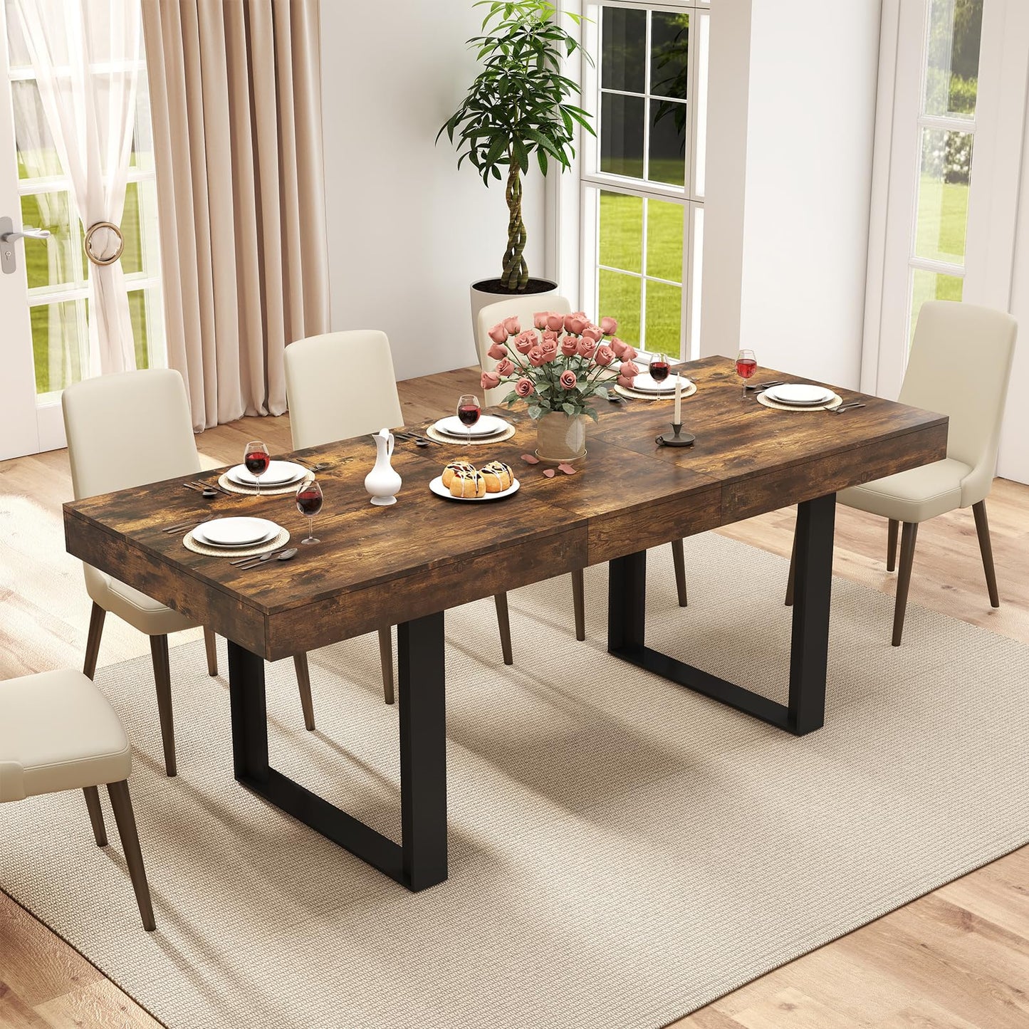 Zevemomo 63"-78.7" Rectangular Extendable Dining Table, 6-8 Extendable Dining Table, Conference Table, Kitchen Table with Slide Track, Tapered U-Shaped Wood Legs for Office, Living Room-Rustic Brown