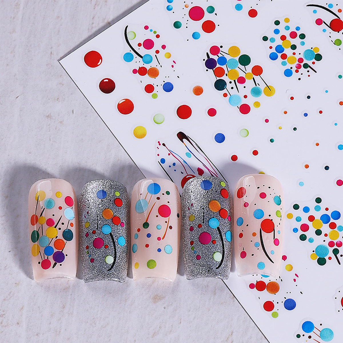 IDDFEVE French Rainbow Dot Nail Stickers - French Line Balloon Party Self-Adhesive Nail Art Decals for Women Girls, DIY Colorful Christmas New Year Celebration Pride Month Manicure (4 Sheets)