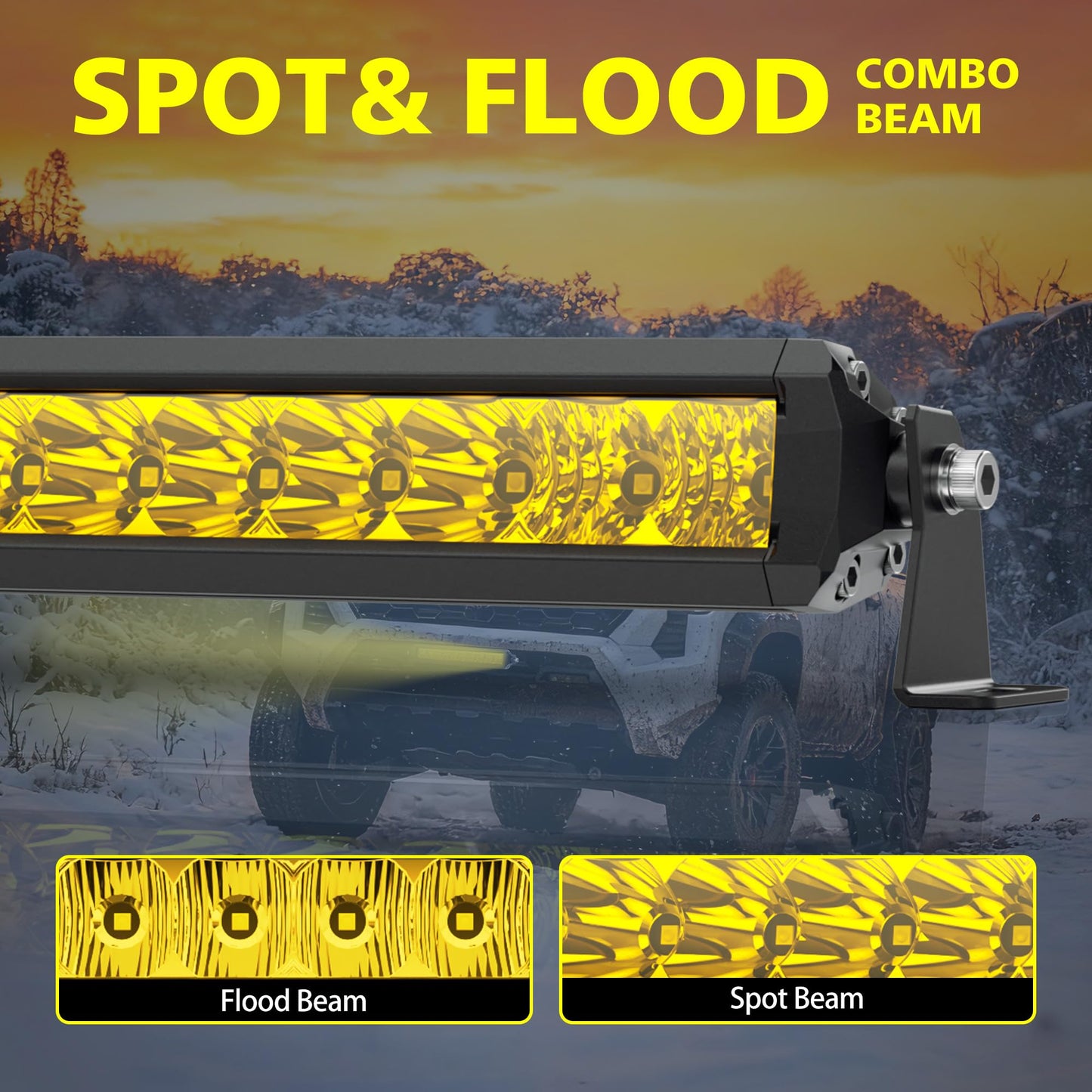 4WDKING Yellow LED Light Bar 32 inch Off Road LED Spot Flood Combo Work Light High Bright Truck Driving Fog Lamp IP69K Waterproof for Truck Cars ATV UTV Boat