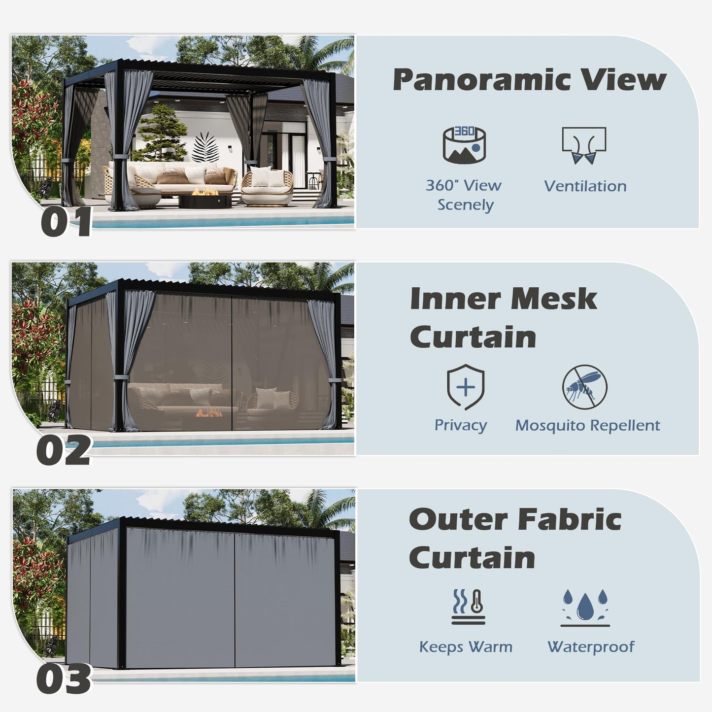 TXGDPIONEER Outdoor Louvered Pergola 10'×13',Aluminum Frame with Adjustable Louvered Roof and Screen,Metal Hard Top Pergola with Waterproof Curtains and Nets for Patio,Backyard,Deck,Grey