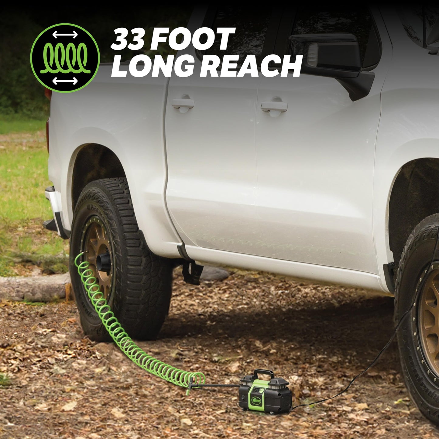 Slime 40083 Tire Inflator, Super Duty Pro Power, Battery Connection, Dual Piston, with Digital 0-99 psi Gauge, Long Hose and LED Light, Alligator Clips, 2 min Inflation