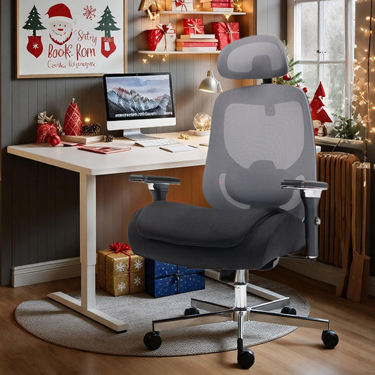 WENTUM 750 LBS Big and Tall Office Chair, Heavy Duty Executive Chair w/4D Arms, Ergonomic Computer Home Desk Chair, Swivel Mesh Chair w/2D Lumbar Support, Adjustable Headrest, Tilt Lock-Black and Grey