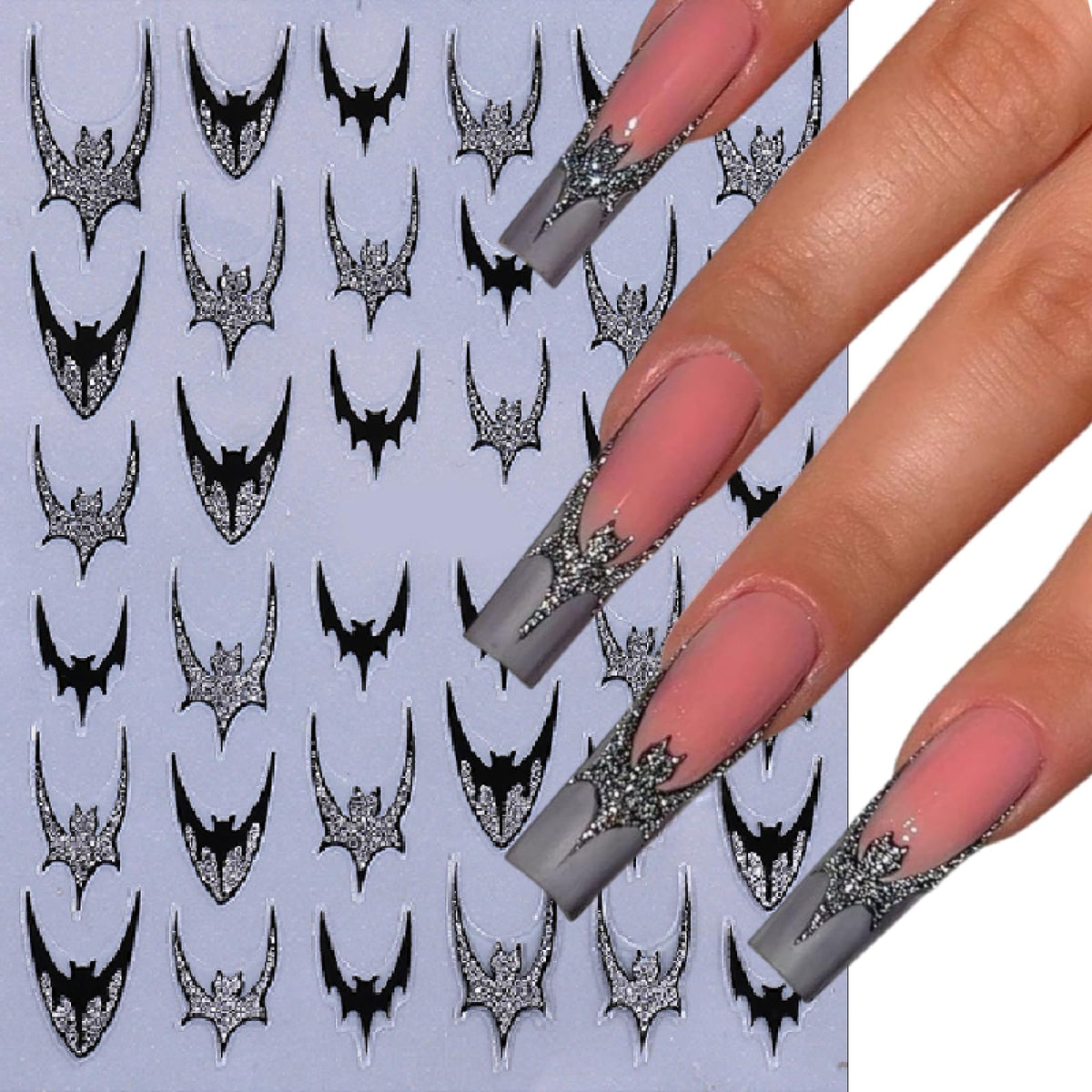 6 Sheets Halloween Bat Nails Art Stickers Glitter Holographic Gold Silver French Bat Design Nail Sticker Halloween French Sticker for Nails Decals Decals Holiday Decoration Kit for Women DIY Nails