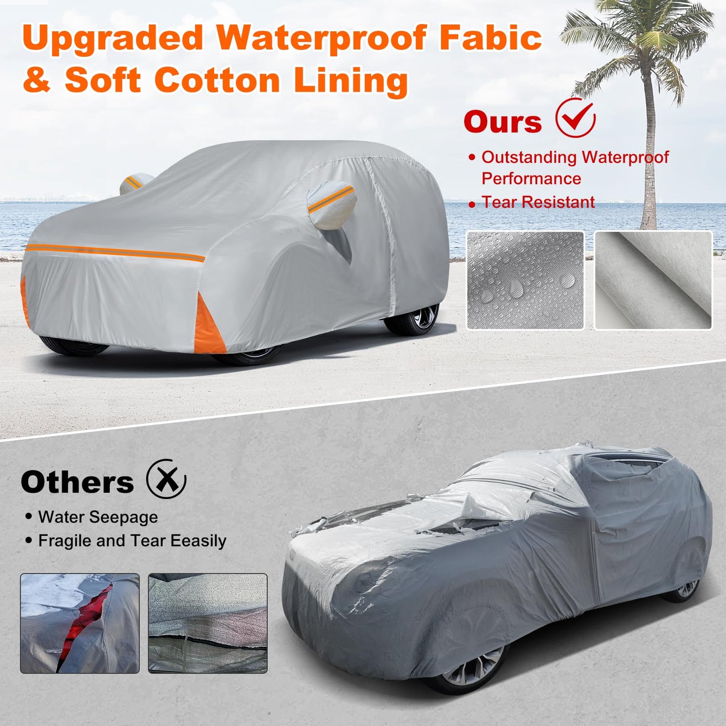 Car Cover for 2007-2026 Chevy Suburban/Cadillac Escalade ESV/GMC Yukon XL, Waterproof Custom-fit All Weather Sun Rain UV Dust Snow Protection Outdoor Car Cover with Door Zipper and Cotton Lining-Grey