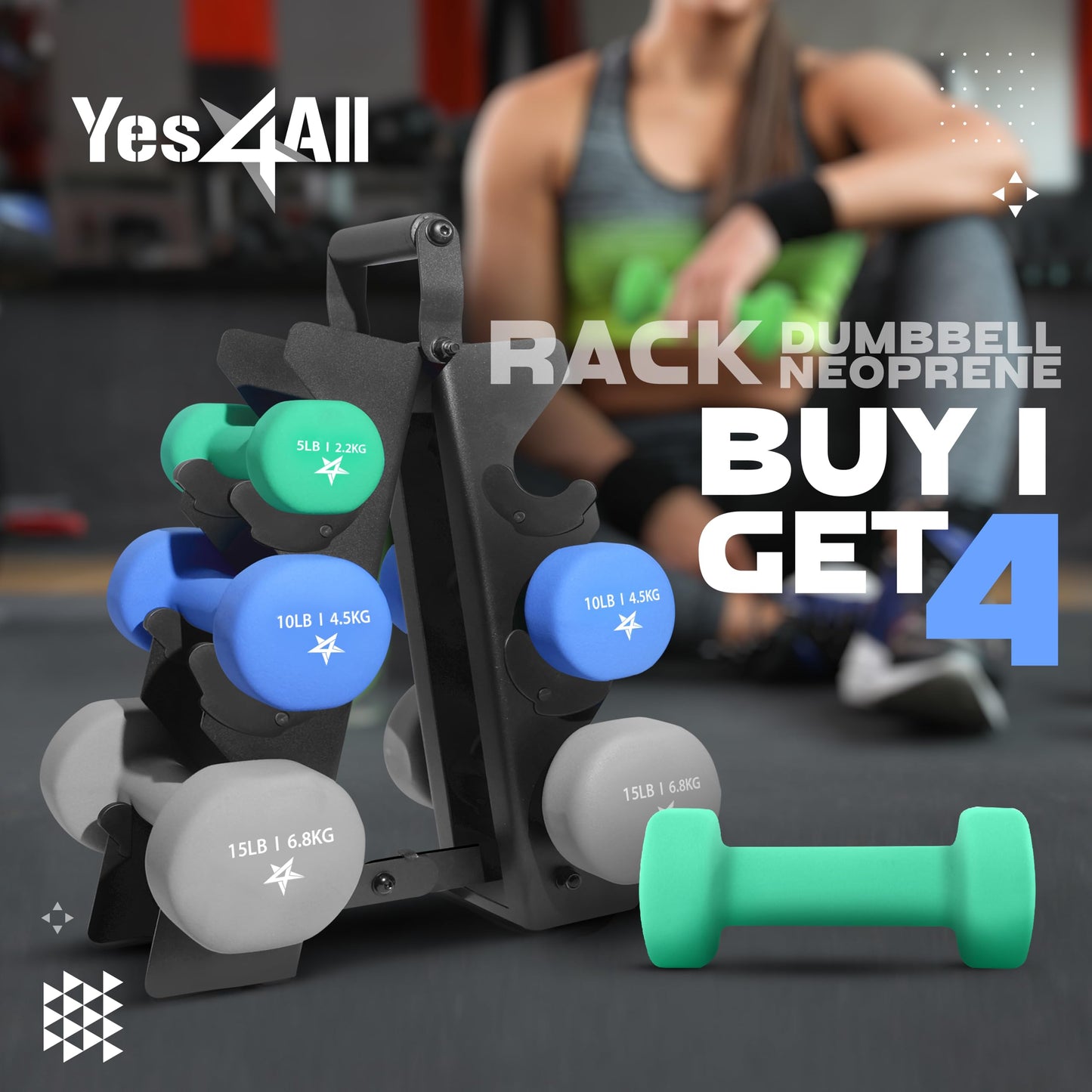 Dumbbell Neoprene 5-10-15lb pair + Metal Rack