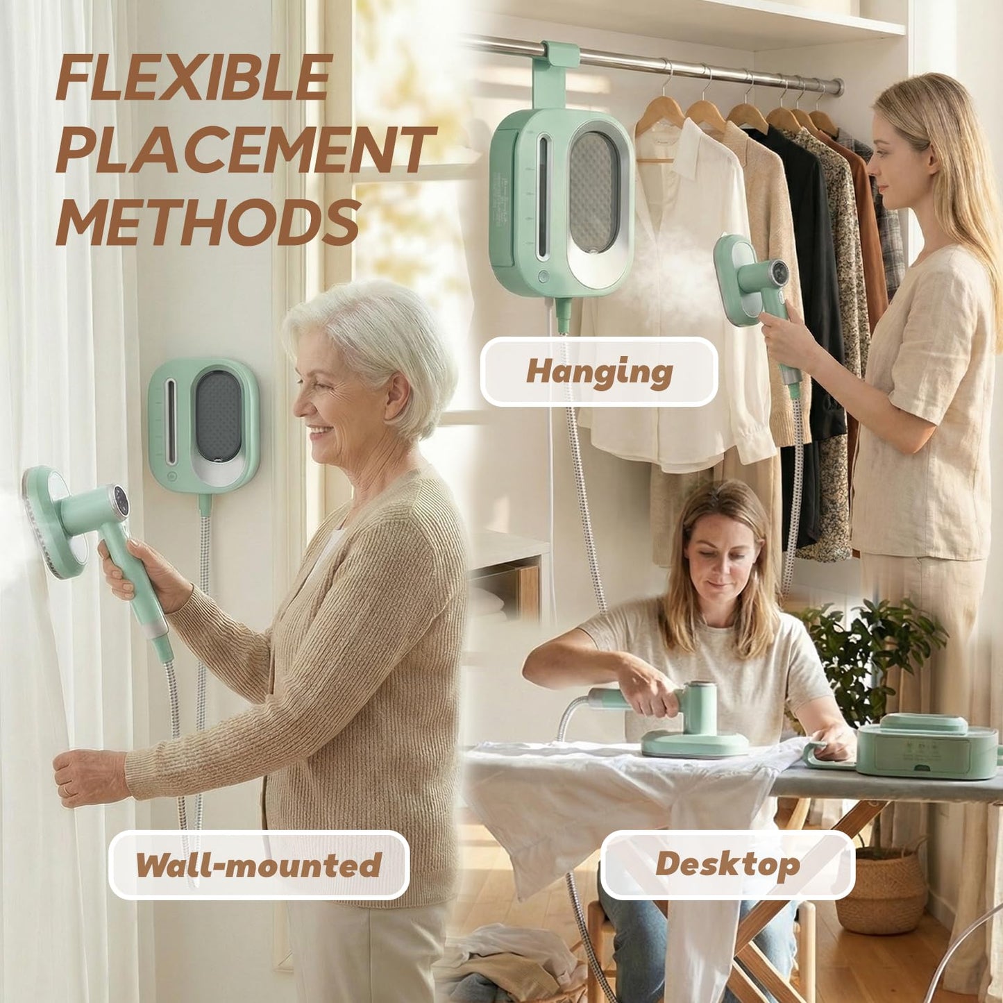 WellMall 2 In 1 Steamer for Clothes: 1550W Powerful Steamer with 1100ml Detachable Tank, 30s Fast Heat-Up, Horizontal & Vertical Use, Portable Wrinkle Remover for Clothes Drapes Bedding (Green)