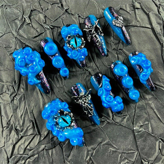 Press on Nails Handmade Nails 10Pcs Blood Style Hand Carved Blue Eyes Manual Press on Nails for Women Party Holiday Photo 33mm Long Size L