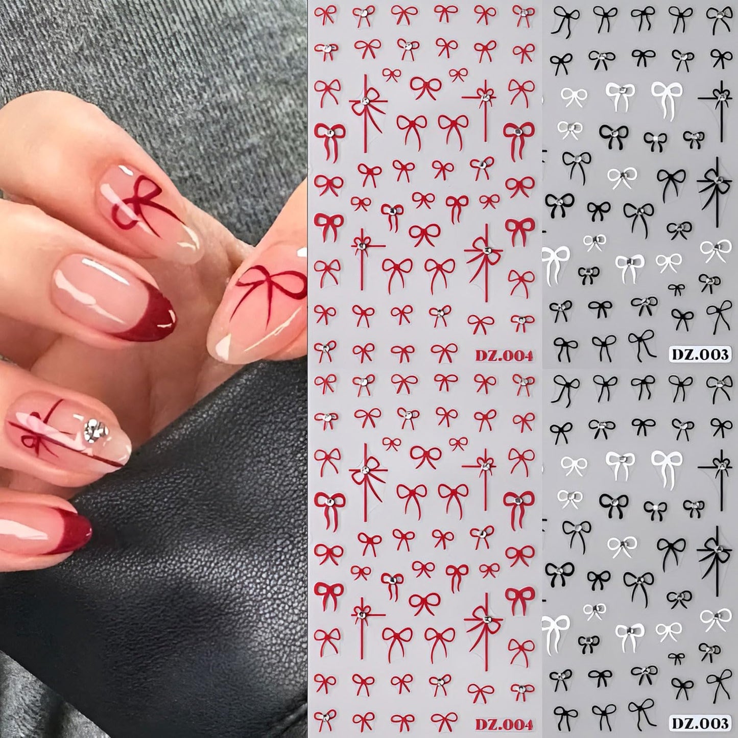 4 Sheets Nail Stickers Bow Nail Art Stickers 5D Rhinestones Relief Cute Red Block Bow Design Nail Supplies for Women Valentines Nails DIY Manicure Decorations