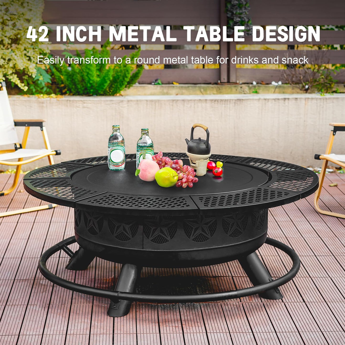 Verdeluxe 42 Inch BBQ Fire Pit with 2 Grills,3-in-1 Outdoor Round Metal Fire Pit Table with Lid,Fire Poker,Large Outdoor Wood Burning Firepits for Outside,Picnic,Bonfire Backyard Patio(Black)