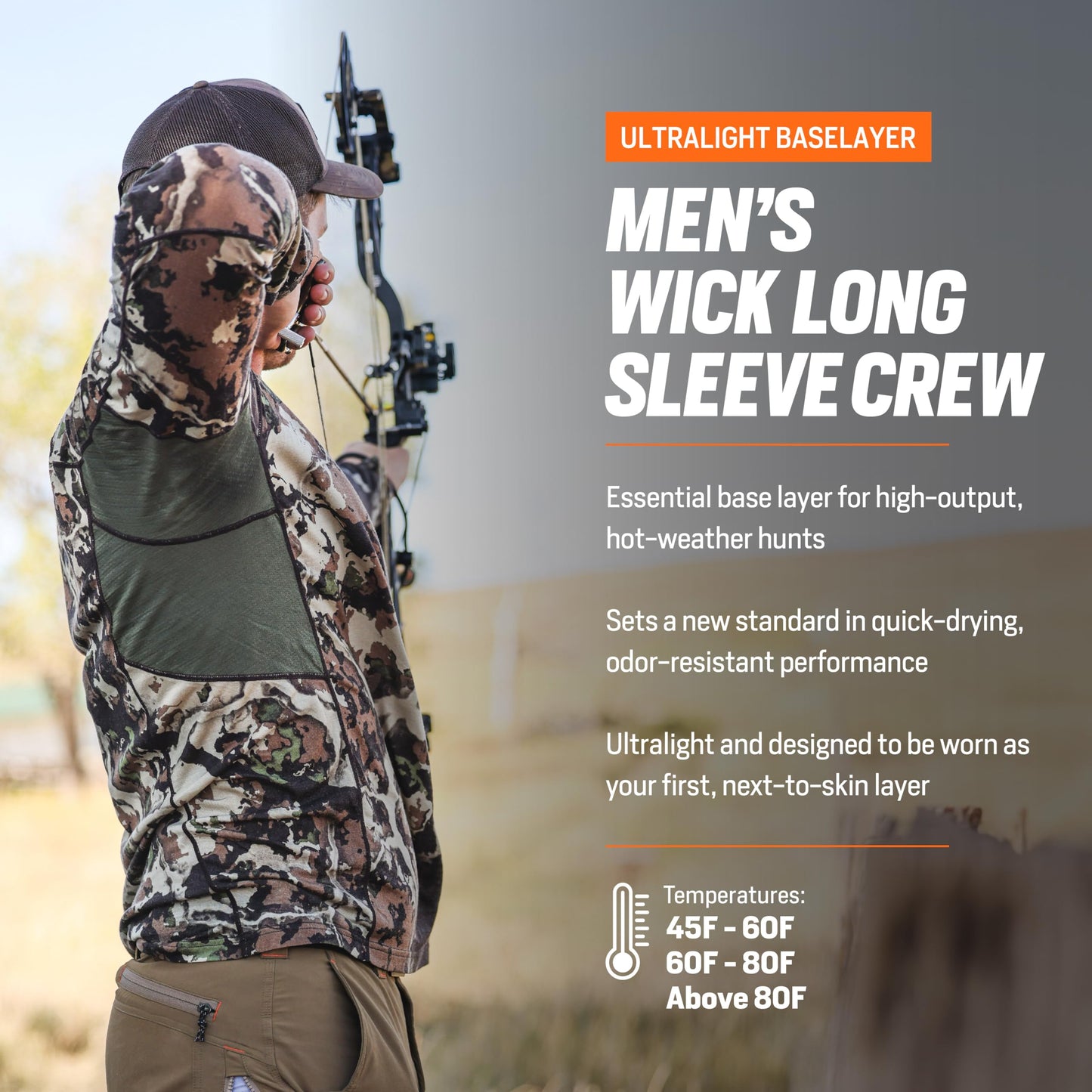 First Lite Men's Wick Long Sleeve Crew - Merino Wool Camo Hunting Base Layer, UV Protection Moisture Management Shirt, Conifer, Medium