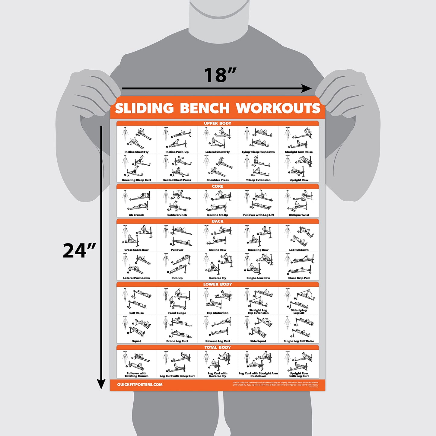 QuickFit 2 Pack - Sliding Bench Workouts & Bodyweight Exercise Poster Set - Compatible with Total Gym & Weider Ultimate Body Works (Laminated, 18" x 24"")"