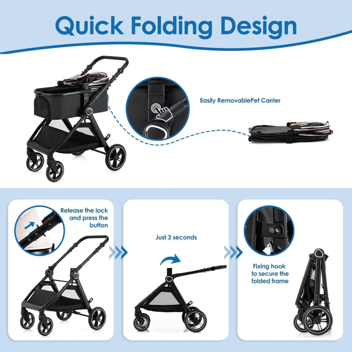 KAVELLIN Pet Stroller for Small Medium Dogs Cats Up to 50lbs, Dog Stroller with Removable Carrier, One Click Folding Cat Strollers, All-Terrain 4 Wheels Pet Strollers, Beige