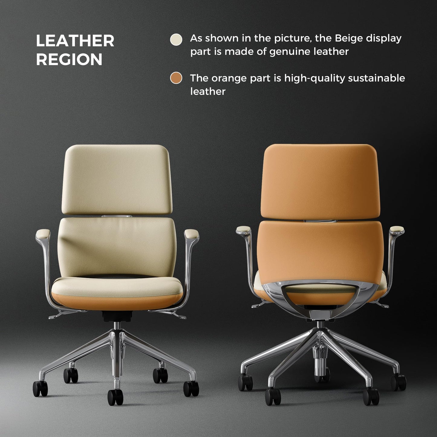 TOMU Genuine Leather Office Desk Chair with Wheels, Ergonomic Leather Executive Chair, Mid Back, Swivel Base with Adjustable Tilt, Modern Style, Luxury Aluminum Frame (Beige)