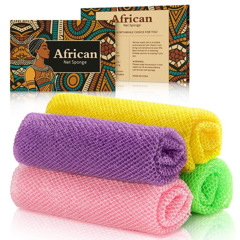 SpiralScgv 4-Pack Authentic African Net Sponge - Exfoliating Body & Face Scrubber, Travel Portable, Durable & Gentle Exfoliation(Yellow,Pink,Purple,Green)