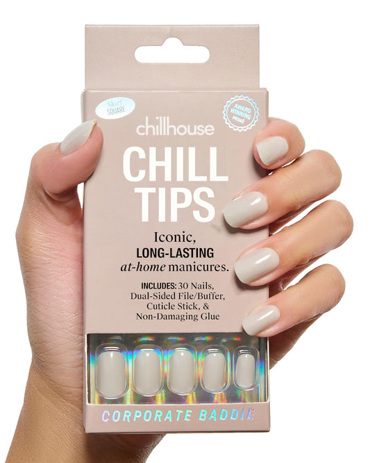 Chillhouse Chill Tips Signatures Press On Nails Kit, Corporate Baddie - 30 Nail Shapes & Sizes, Dual-Sided Buffer & File, Cuticle Stick & Glue - Long-Lasting Nail Art Manicures