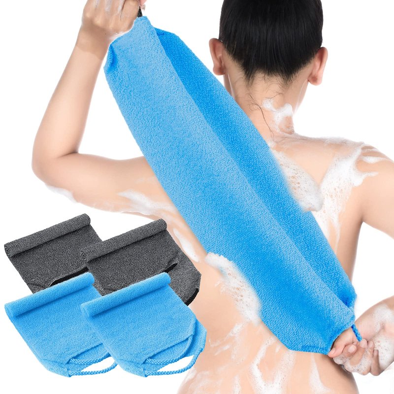 Moukeren Exfoliating Back Scrubber with Handles 4 Pack Nylon Back Exfoliator Extended Length Washers Scrubbers Stretchable Pull Strap Exfoliating Washcloth(Gray, Deep Blue)