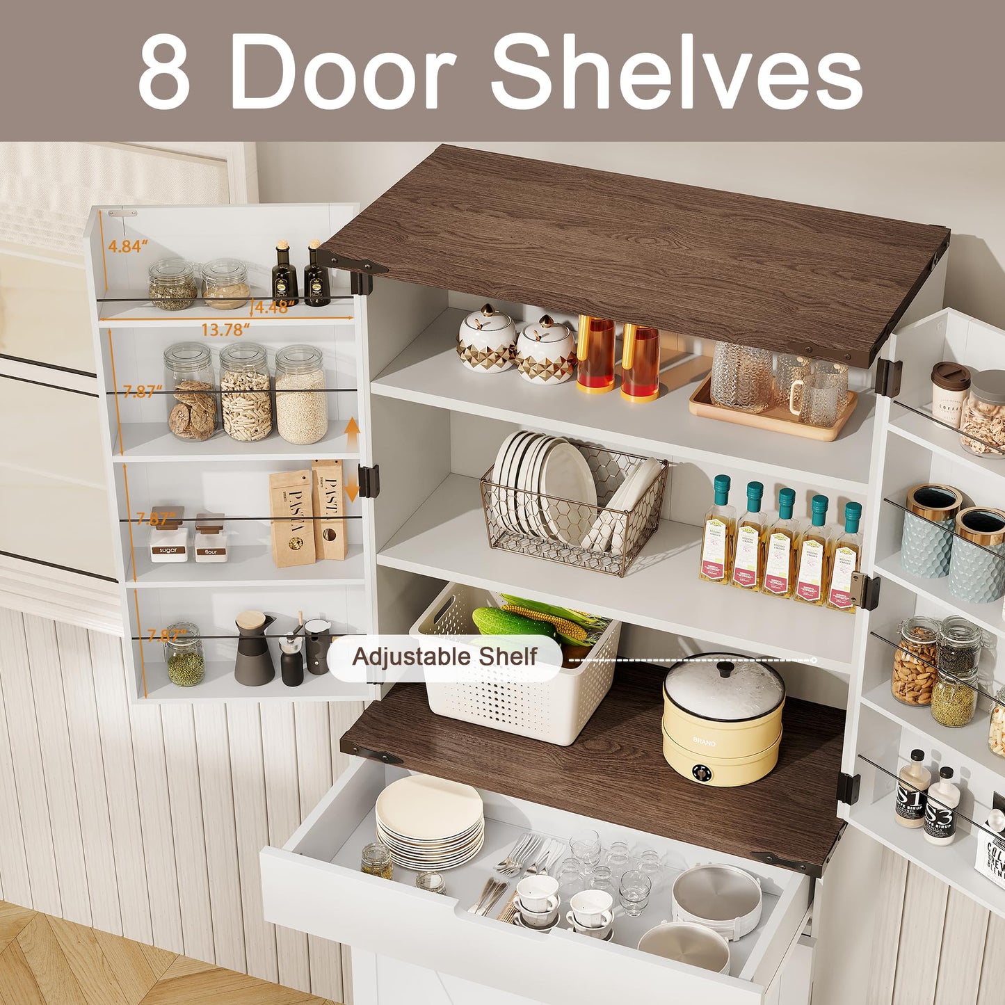 GRUSIGN 72" Kitchen Pantry Storage Cabinet with Doors and Shelves, Wood Farmhouse Pantry Storage with Barn Doors for Kitchen, Dining Room, Living Room