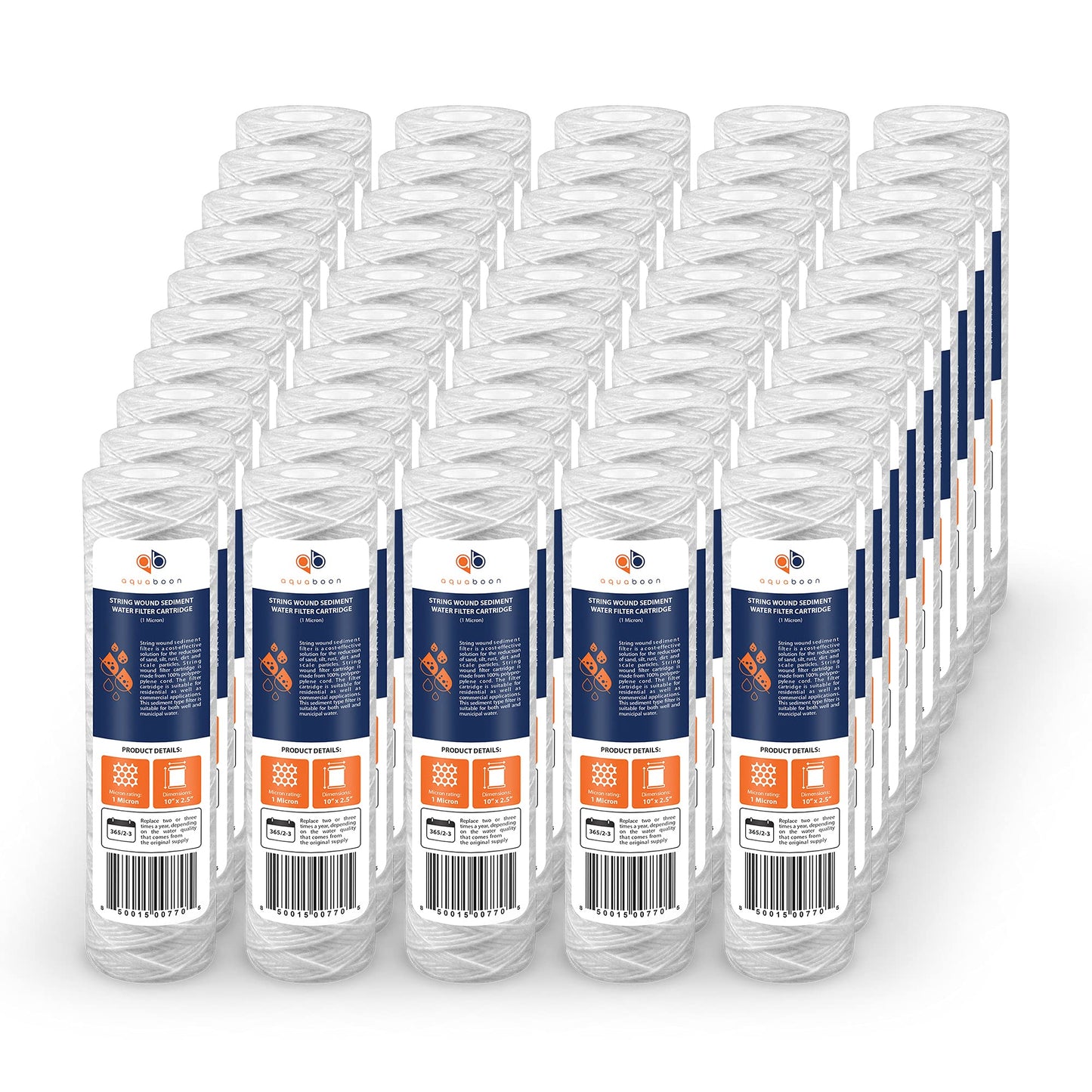 Aquaboon Whole House 1 Micron String Wound Water Filter 10 x 2.5 Cartridge for Well Water Filter Replacement Compatible with WHKF-WHSW, AP110, 50-Pack