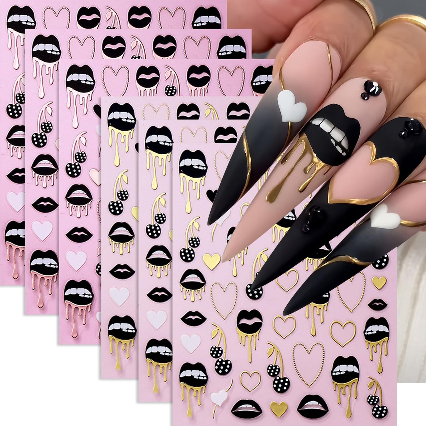 6 Sheets Black Lips Nail Stickers Valentines Nail Decals Self-Adhesive Rose Gold Heart Cherry Sexy Lips Nail Design Hollow Heart Nails Supplies DIY Manicure Accessories for Women Nails Decorations