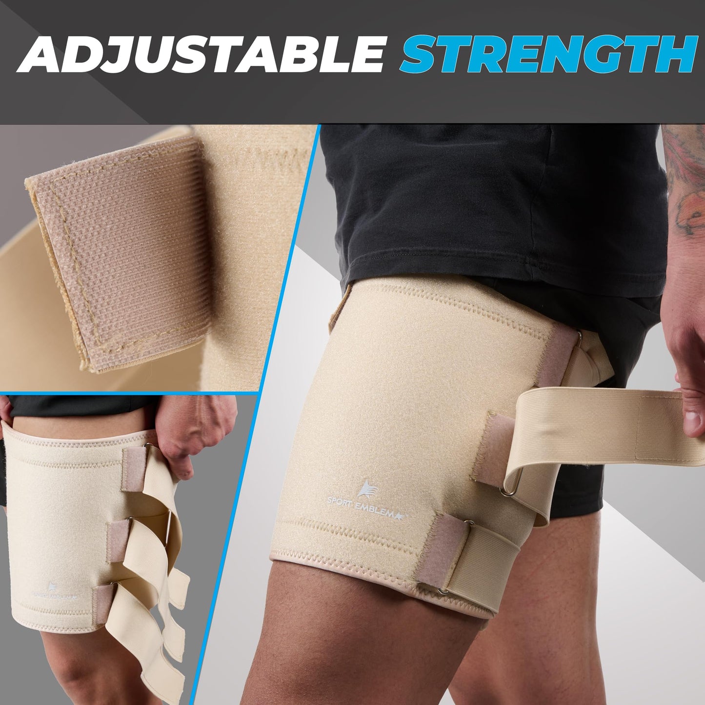 SportEmblema 2026 Upgraded Thigh Compression Sleeve for Men & Women, Sturdier Non-Slip Hamstring Compression Wrap for Quad & Leg Support, Hook and Loop Thigh Brace for Pulled Muscle, Fits 16"-24""-Skin"