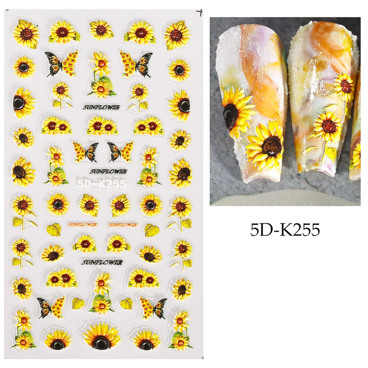 5D Embossed Sunflower Nail Art Stickers Self-Adhesive Flower Nail Decals Engraved Floral Summer Nail Sticker Acrylic Nail Art for Women Girls Manicure Decoration 4 Sheets