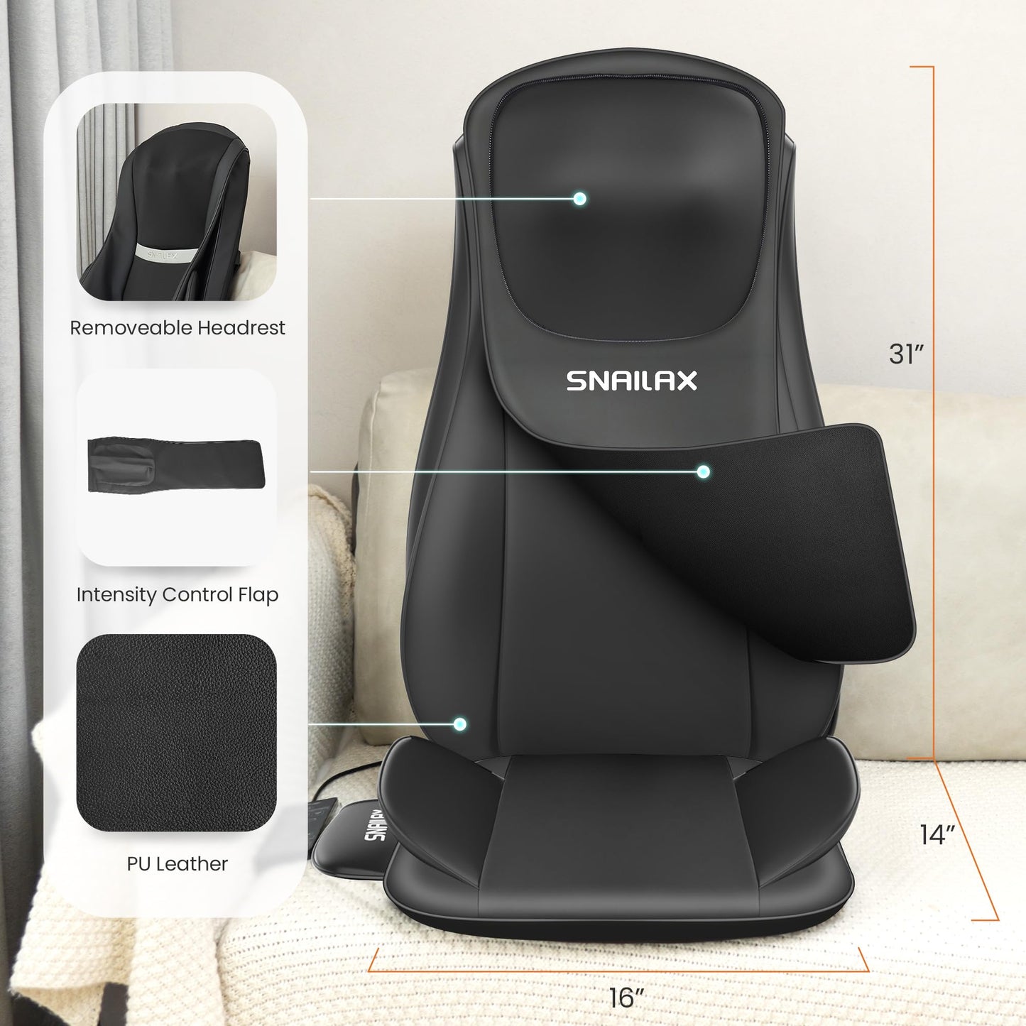 Snailax Shiatsu Neck Back Massager with Heat, Massage Chair Pad with Compression, Height-Adjustable Neck Massage Rollers Chair Seat Massager, Gifts for Men, Women