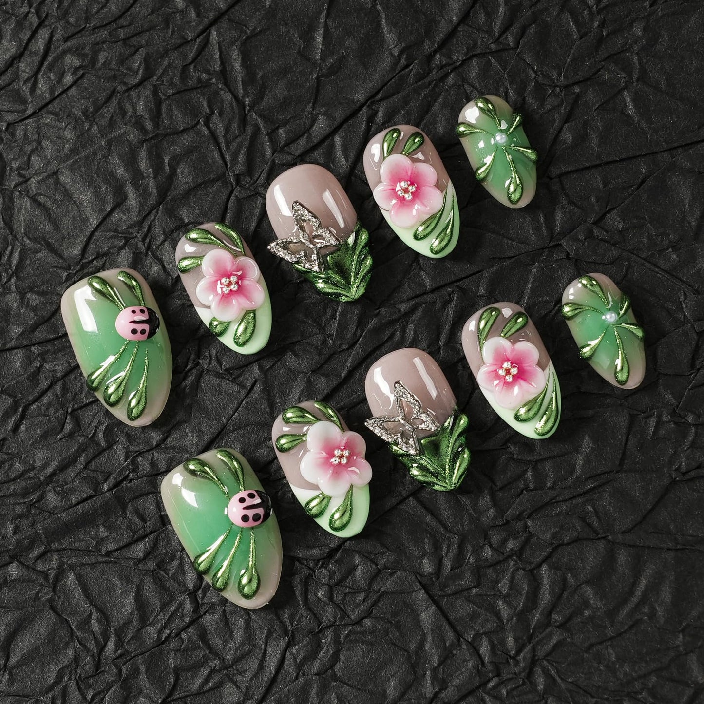 Tesytto Press On Nails Short Almond Handmade 3D Flower Metallic Butterflies Fake Nails, Green Chrome Ladybug Design French False Nails for Spring Party Daily Wear (Spring Green Pastel Garden,L)