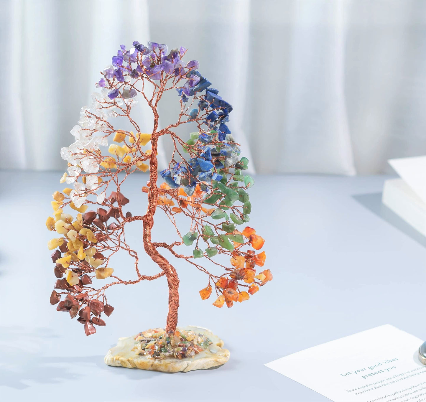 Crocon® 7 Chakra Tree of Life Spiritual Wisdom, Agate Slice Base, Handmade Crystal Tree for Positive Energy, Creativity, Seven Chakra Healing Stone, Attract Good Luck & Charm, Feng Shui Decor, Gifts