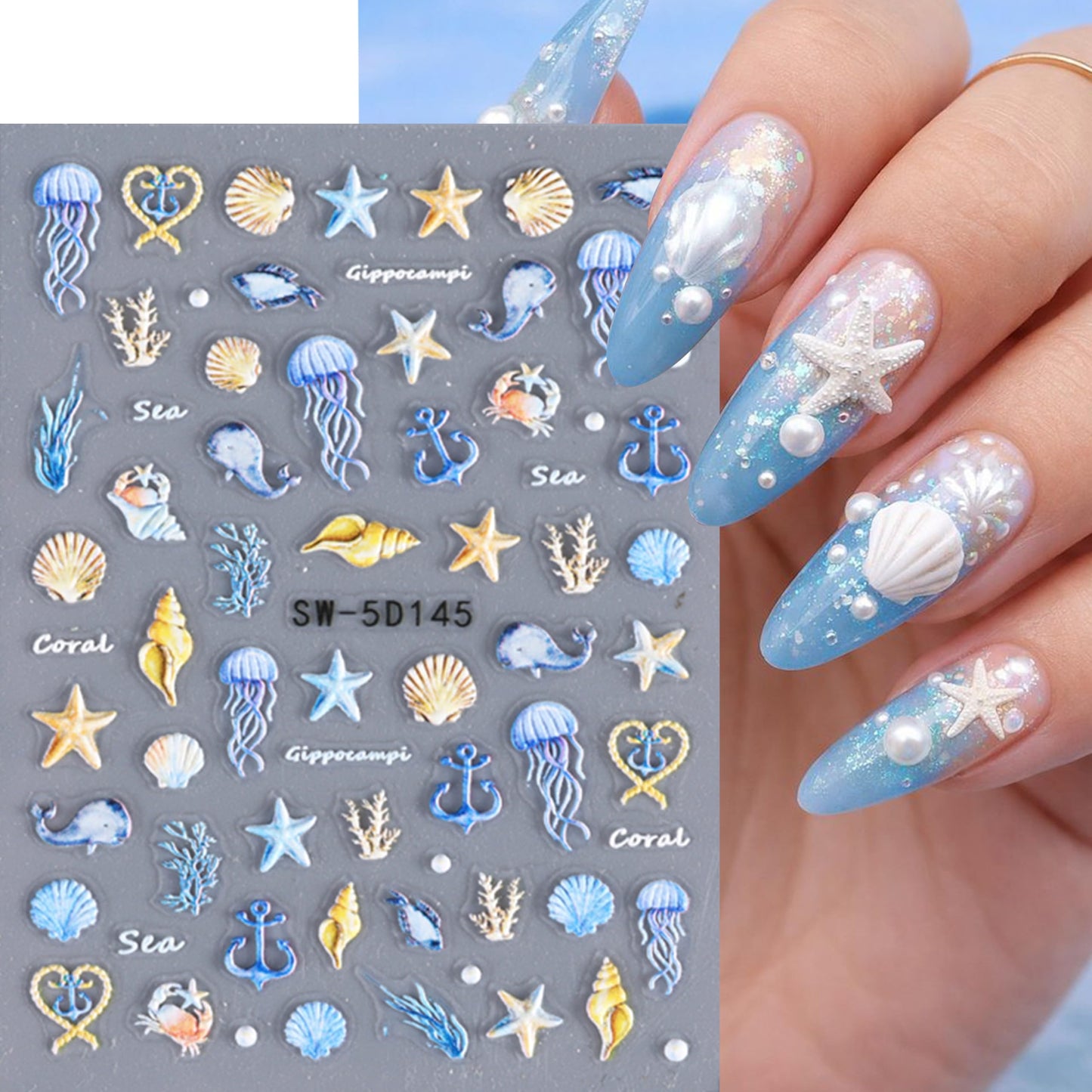 3 Pcs Summer Seashell Starfish Nail Art Stickers 5D Embossed Self-Adhesive Nail Decals Jellyfish Coconut Tree Seahorse Nail Design Summer Sea Theme Nail Supplies Marine Life Nail Decorations for Women