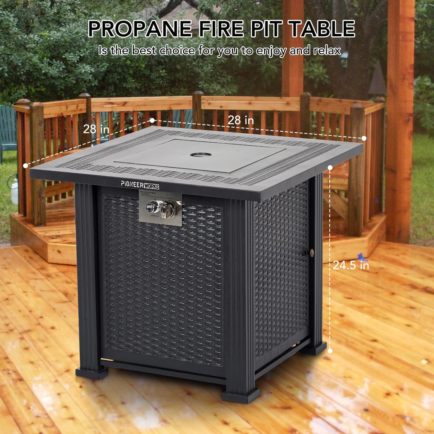 28 Inch Propane Fire Pit Table, PioneerWorks 50000BTU Rectangle Fire Table with Cover, Sturdy Steel and Iron Fence Surface, CSA Safety Certified, Companion for Your Garden