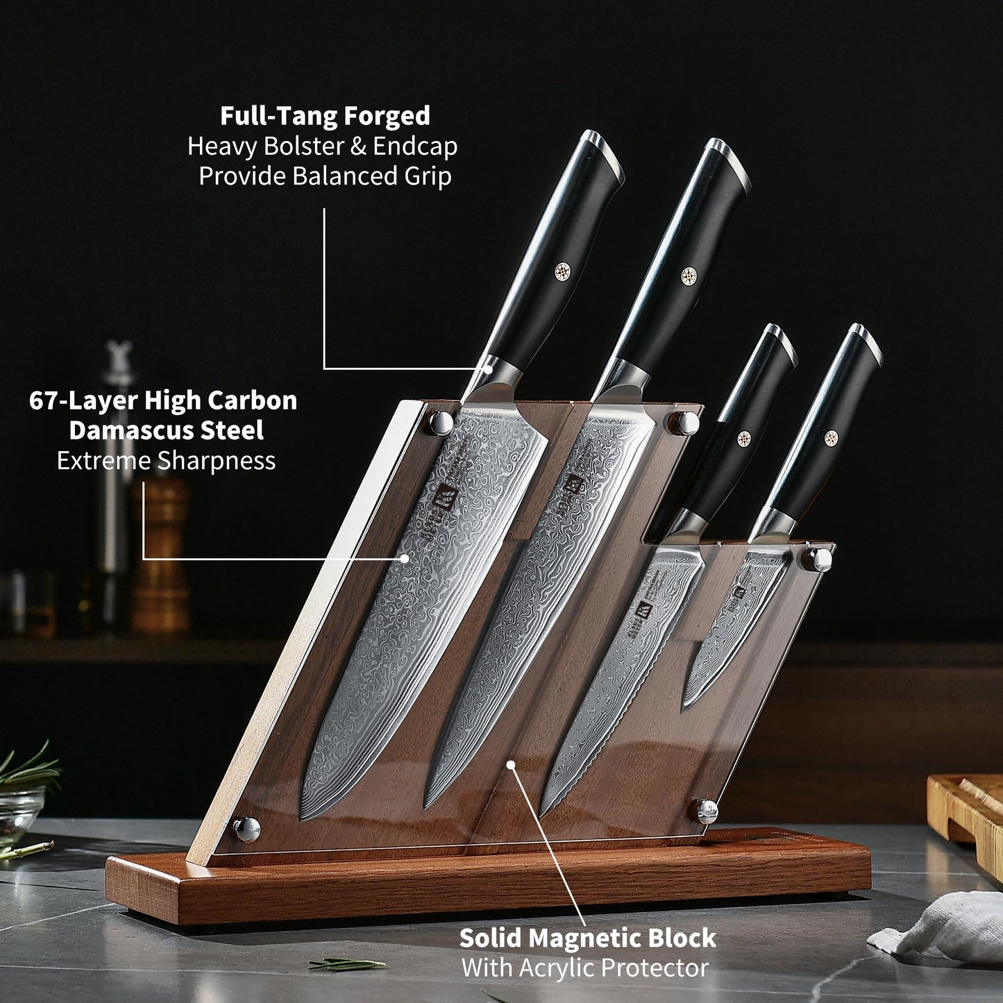 Klaus Meyer 5 Piece Damascus Knife Block Set, 67-Layer High Carbon Damascus Steel, Ultra-Sharp Kitchen Knife Set with Magnetic Wooden Block