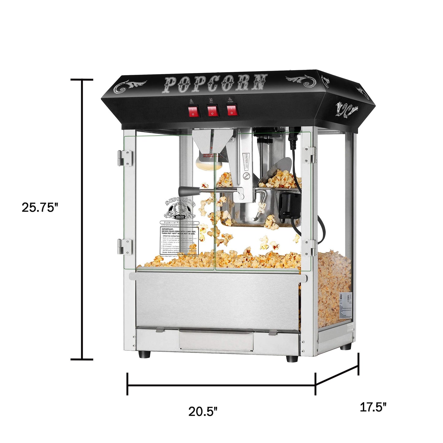 Hot and Fresh Countertop Popcorn Machine – 3 Gallon Popper – 8oz Kettle, Old Maids Drawer, Warming Tray, Scoop by Superior Popcorn Company (Black)