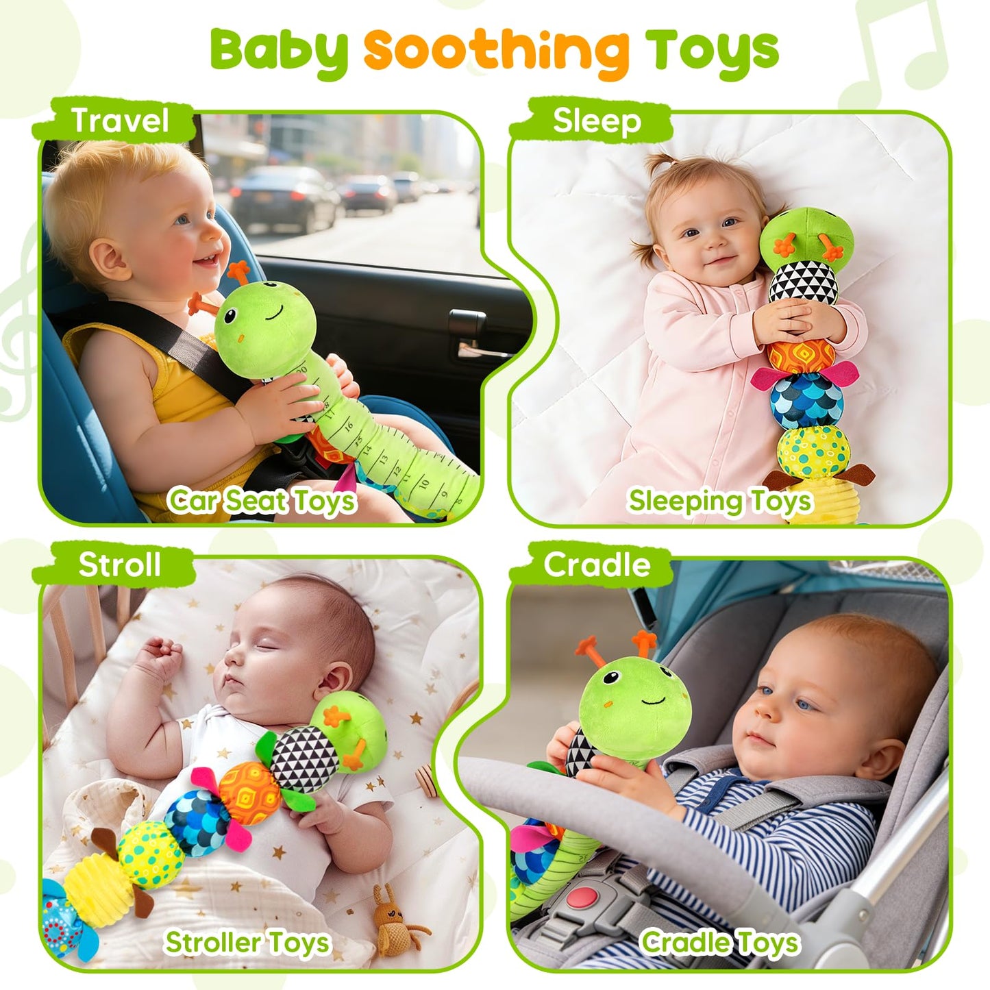 Baby Toys Musical Caterpillar, Infant Stuffed Animal for 0-6 6-12 Months with Crinkle and Rattles, Tummy Time Sensory Toys Newborn Boys Girls Gifts 0 3 6 9 12 Months - Green