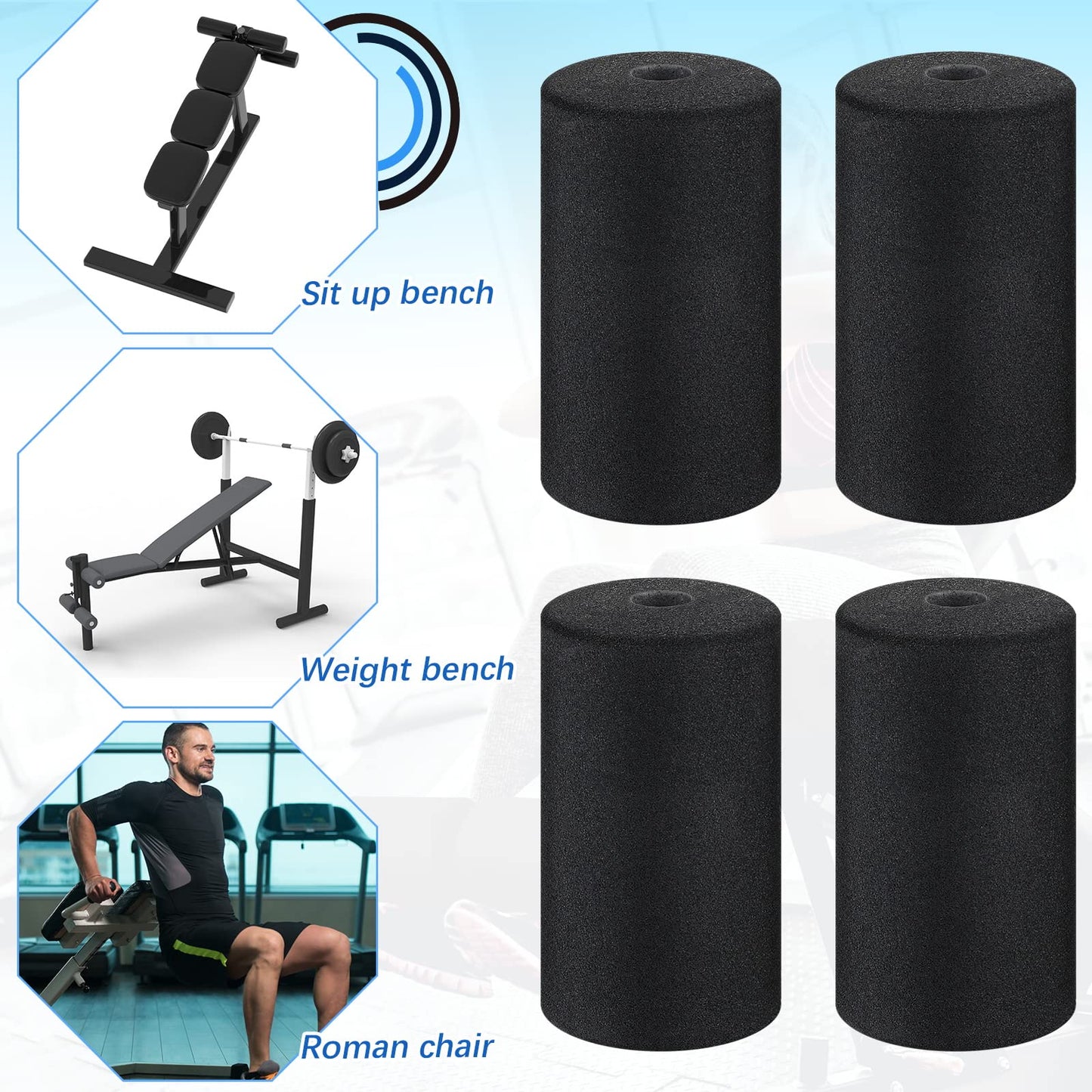 Deekin 8 Pieces Foam Foot Pads Rollers Set High Density Foam Roller for Gym Exercise Machines Equipment Replacements Exercise Massage Muscle Recovery, 6.3" x 3.4"" OD x 0.87"" ID"