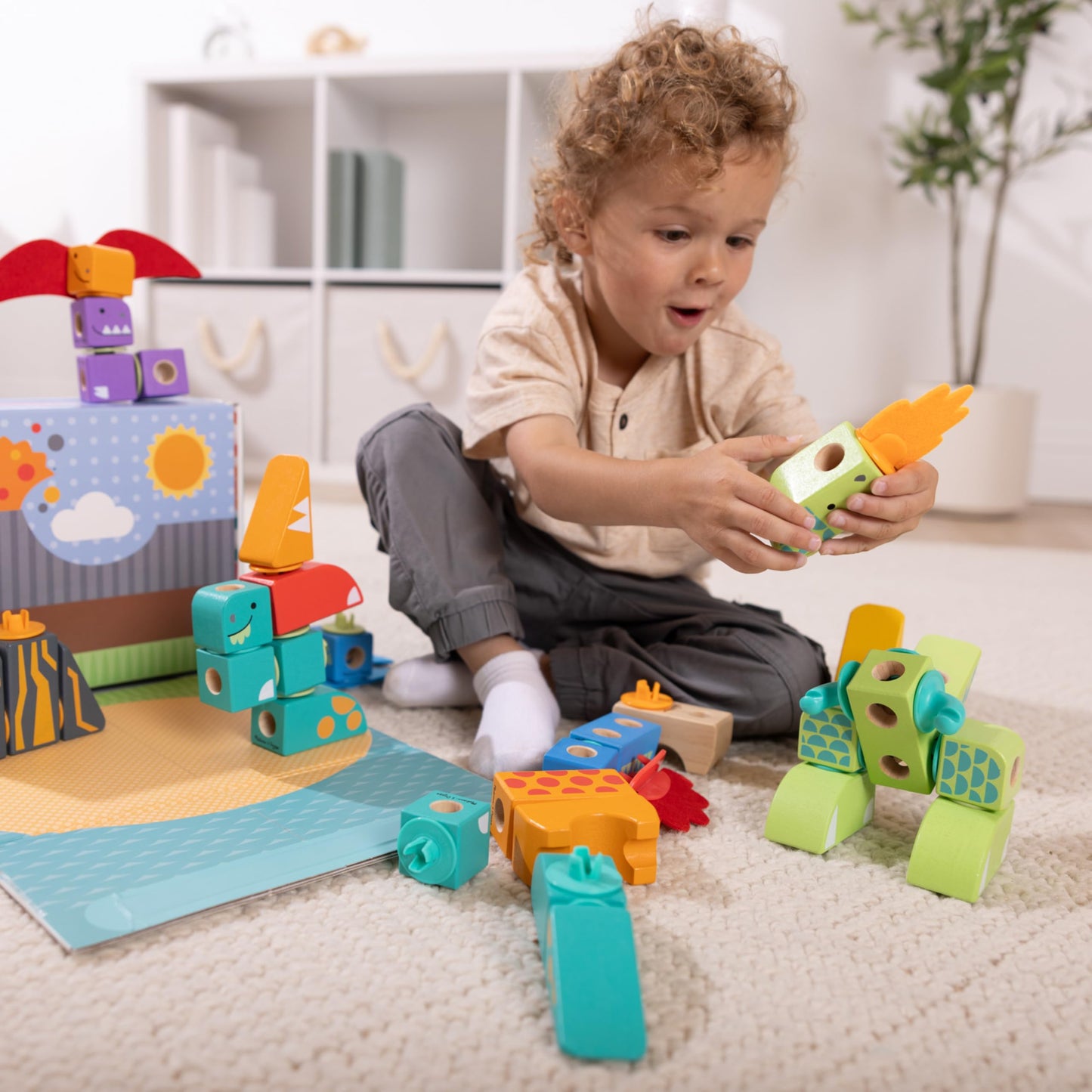 Melissa & Doug Blockables™ Dinosaur Snap and Play, Mix and Match Connectable Wooden Building Blocks Play Set Toy for Preschool Boys and Girls (69 Pcs) - FSC Certified