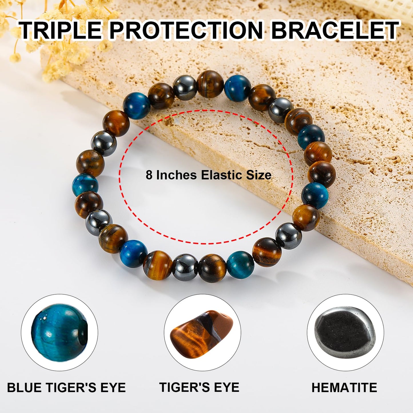 Gnamy Triple Protection Beaded Bracelet Gifts for Men, Bule Tiger Eye Hematite Bracelets Christmas Birthday Valentines Anniversary Healing Sobriety Jewelry Gifts for Husband Dad Boyfriend Brother Him