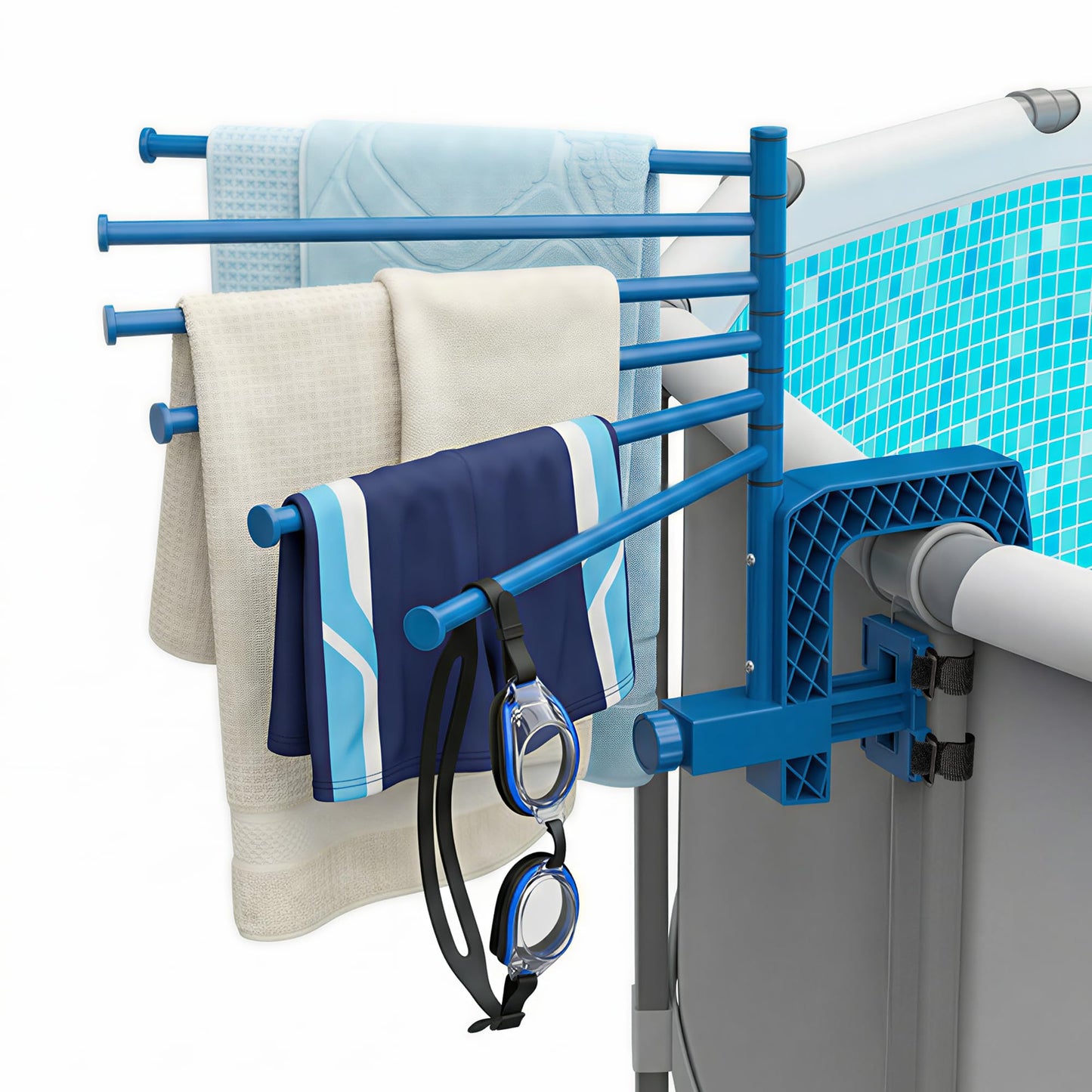 Aquajoyer Poolside Pool Towel Rack Outdoor for Above Ground Round Pools, Stainless Steel Swivel Pool Towel Holder 6 Bars Towel Dying Rack Towel Stand for Above Ground Pool Accessories [Patent Pending]