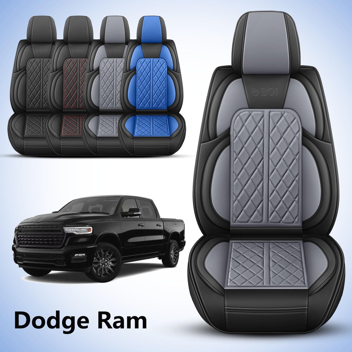 DuDuWang Car Seat Cover Custom Fit for Dodge Ram 1500 2500 3500 2002-2026 Faux Leather Seat Cover Set Compatible with Crew Quad Regular Cab Pickup Truck Cushions (Black & Grey, Full Set, Curved Rear)
