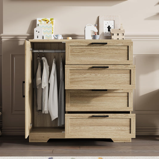 IDEALHOUSE 43.3'' H Armoire Wardrobe Closet with 4 Drawers and Hanging Rod, Multifunctional Wood 4 Drawers Dresser with Storage Closet, Clothing Storage Cabinets for Bedroom, Natural Oak