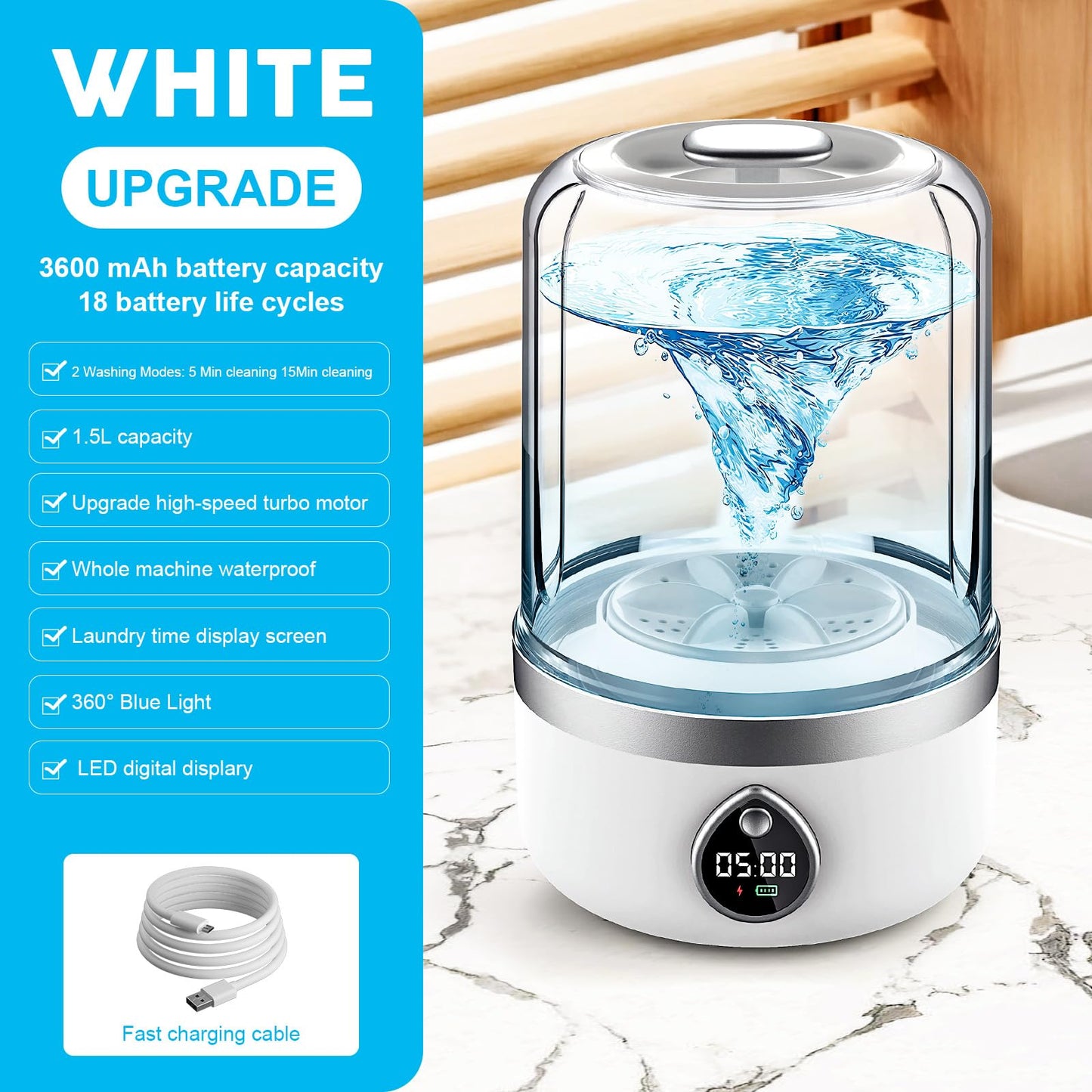 Ghegicu Portable Washing Machine, 1.5L Underwear Washer Rechargeable Cordless Makeup Sponges Cleaner Deep Clean Socks, Underwear, Baby Clothes, Washing Machine for Apartment, Dorm, Camping(White)