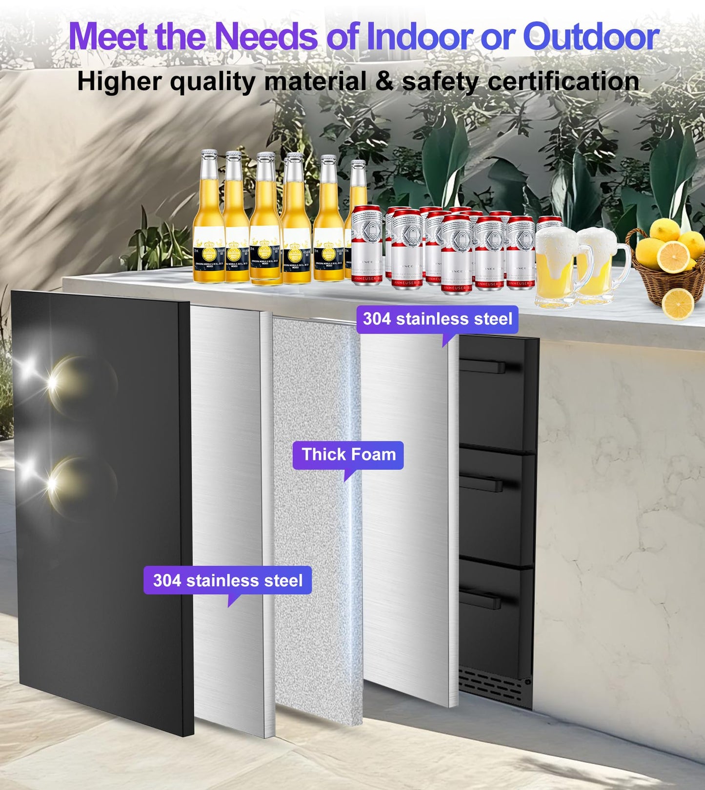 3-Tier Drawer Beverage Refrigerator, Hold 180 Cans 24 inch Undercounter & Built-in Beverage Fridge with Temperature Control, Waterproof Outdoor Freestanding Beverage Cooler for Home,Commercial Use