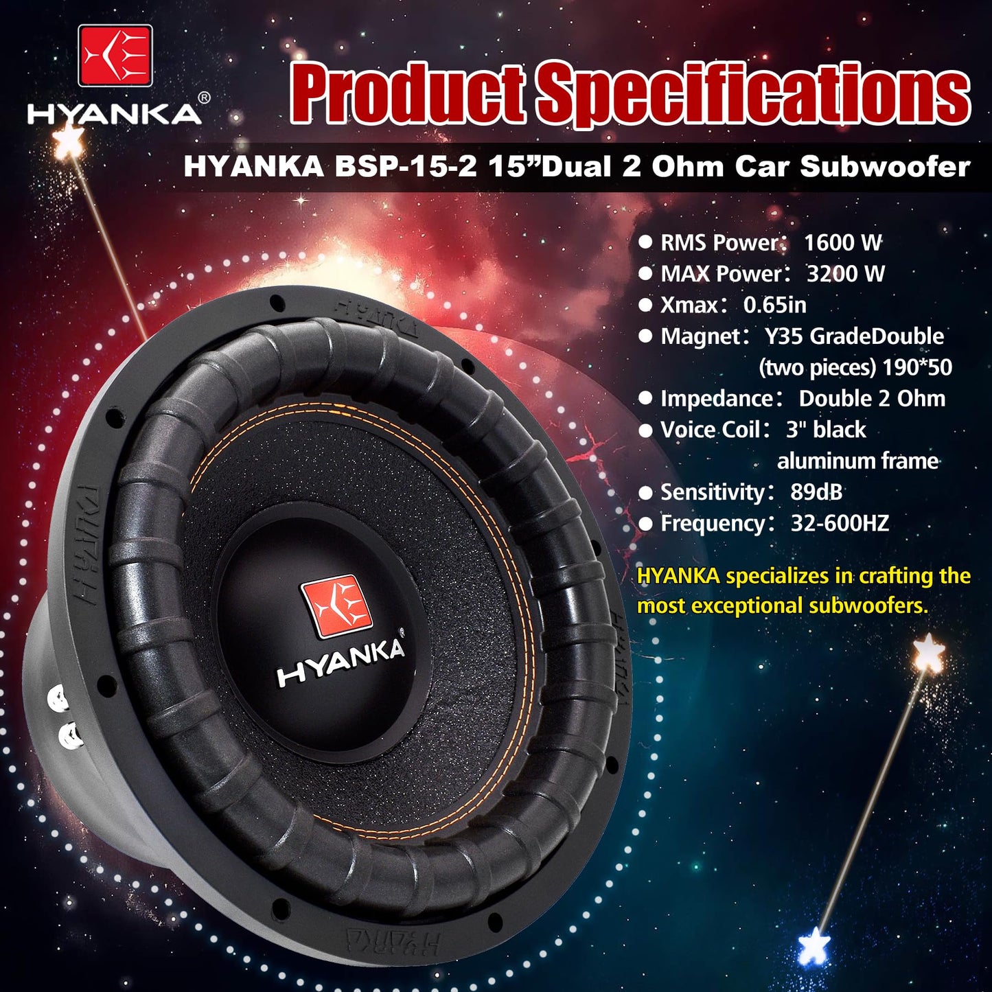 H YANKA BSP-15-2 15 Inch Subwoofer – 3200W Max Power, 3" Dual Voice Coil, 2 Ohm, Car Audio Subwoofer, Black Aluminum Basket, Paper Cone, Deep Bass for Cars