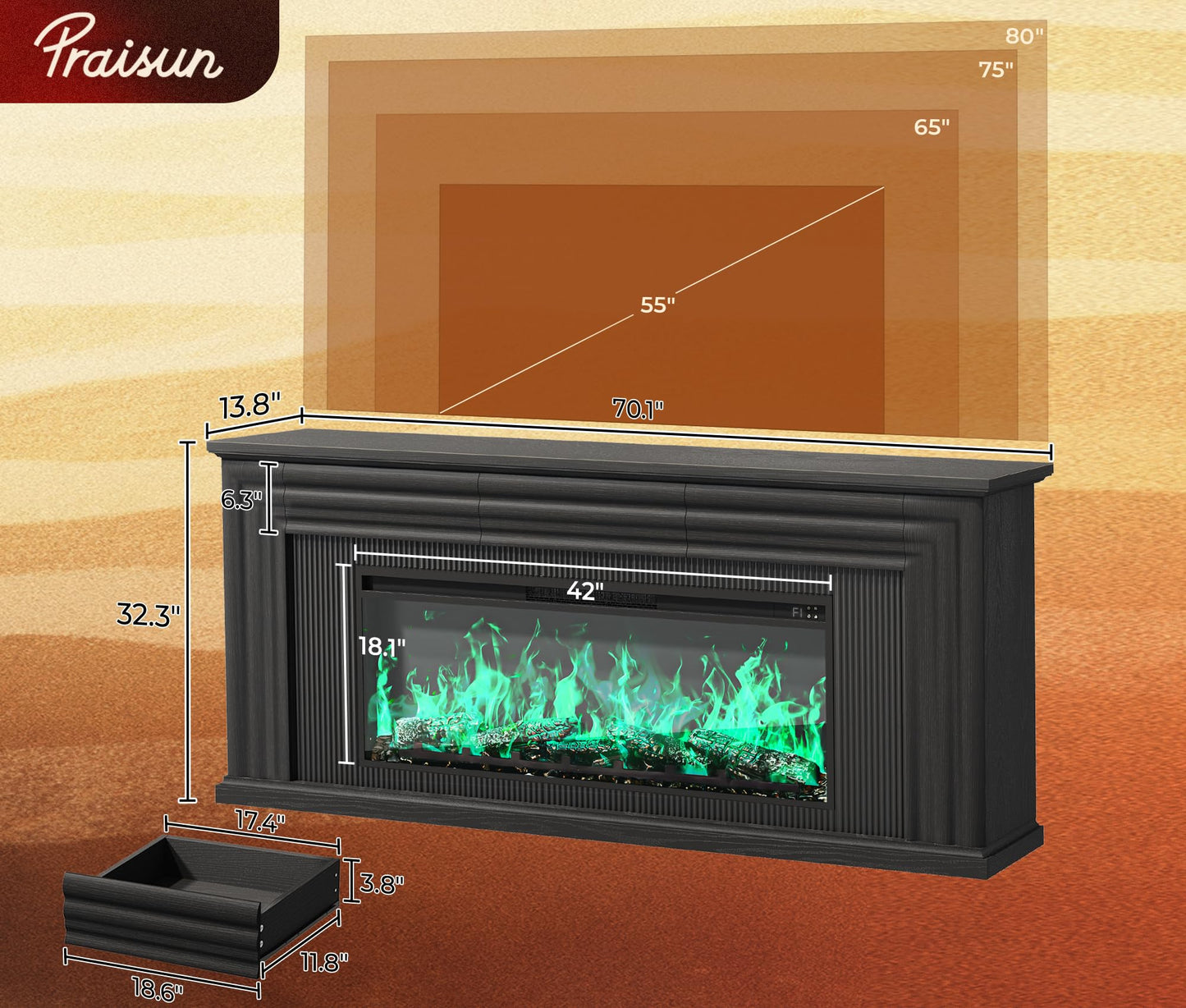 PRAISUN 70'' Fireplace TV Stand with 42'' Electric Fireplace, Farmhouse TV Stand for 65 75 Inch TV, Entertainment Center TV Console with 3 Drawers, Fluted Design, for Living Room, Black