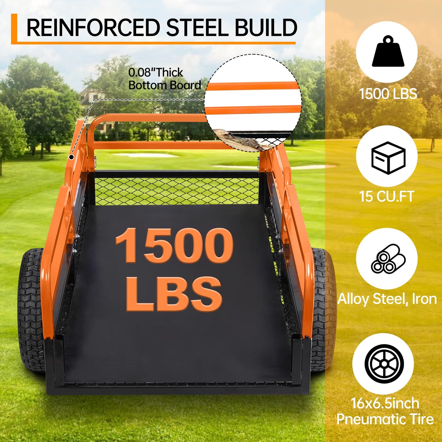 Heavy Duty Dump Cart ATV/UTV Trailer,1600 Lbs 15 Cubic Feet,Garden Trailer Pull Behind with Removable Sides & All Terrain Tires,for Lawn Tractor, Mower, Garden,Orange