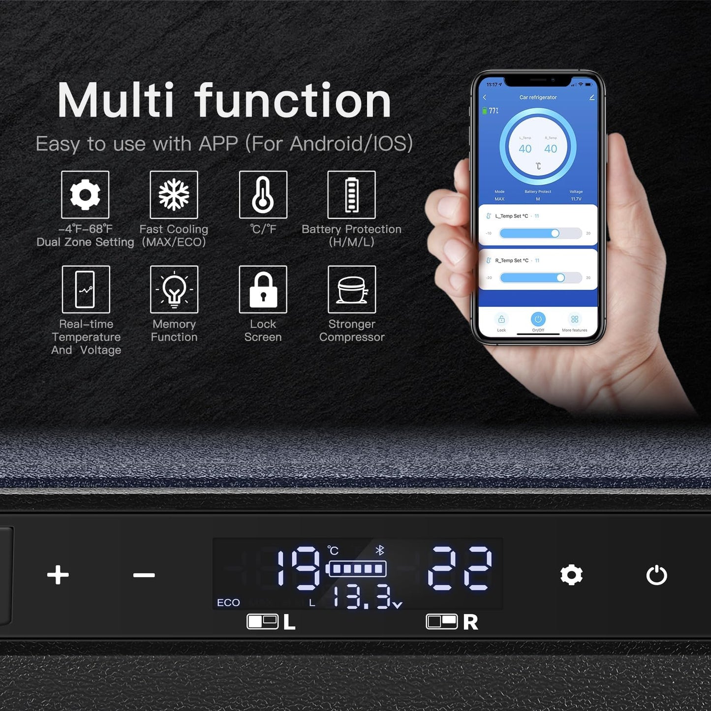 BODEGACOOLER 12 Volt Car Refrigerator,Dual Zone APP Control, Designed with Removable 2-Way Door Portable Freezer,75 Quart-4℉-68℉ RV Electric Cooler 12/24V DC and 100-240V AC for Camping,Travel,RV