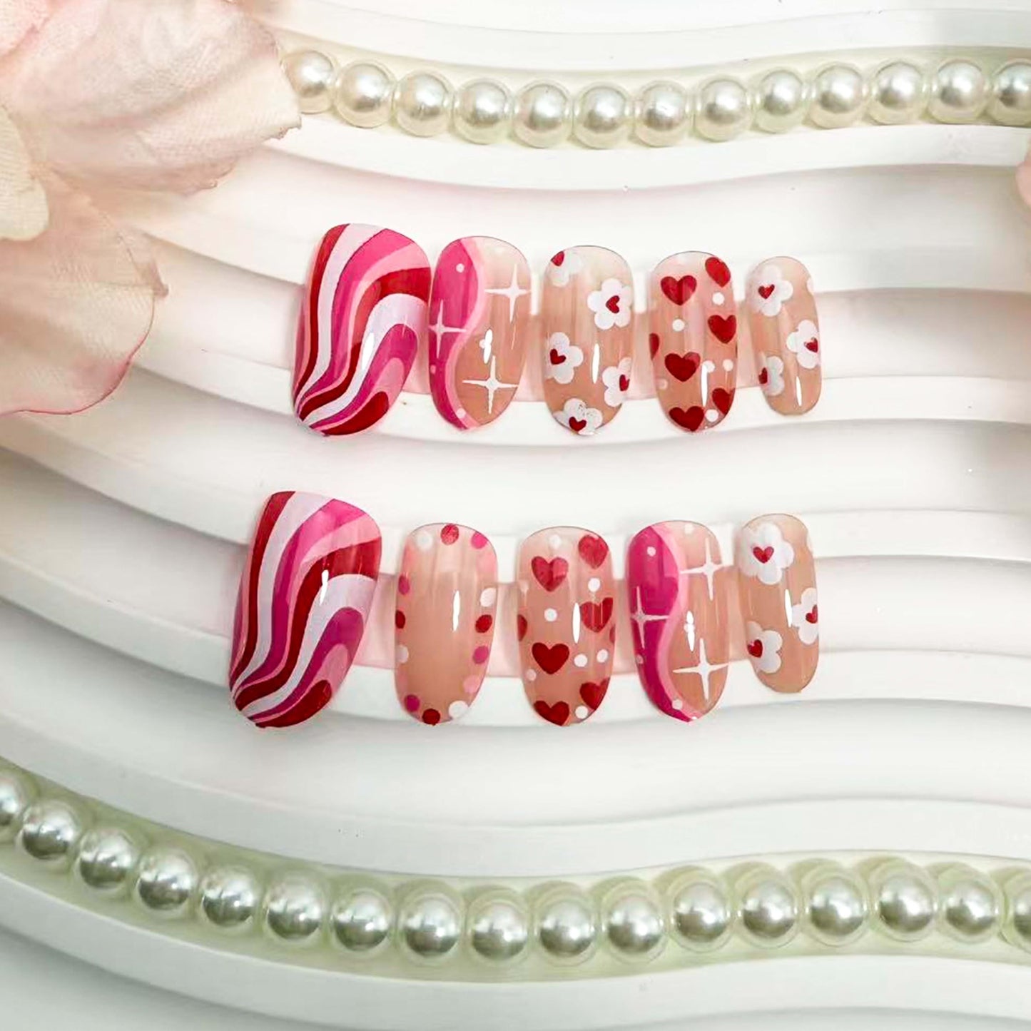 24Pcs Valentines Press on Nails Short Almond Red Heart Fake Nails with Flower Stripe Star Design Glue on Nails Pink Glossy Holiday False Nails for Women DIY Valentine Nail Decoration Supplies