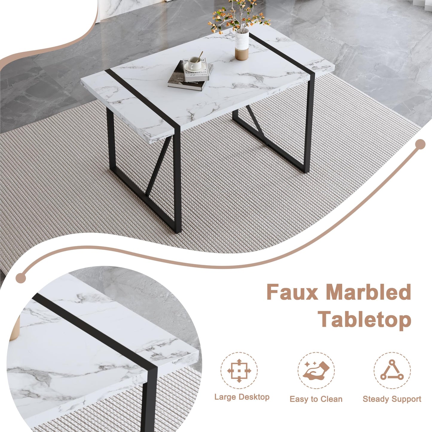 55" Dining Table Set for 6, 7 piece Modern Dining Table Set with Fabric Chairs, Farmhouse Kitchen Table Chairs Set of 6 Suit for Living Dining Room Furniture, Sturdy and Easy-to-Clean (White & Gray)