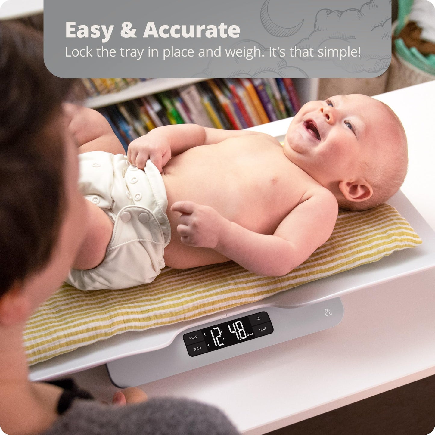 Greater Goods Digital Baby Scale with Tray – Accurate Infant & Toddler Weighing, Hold Function Helps with Baby Movement